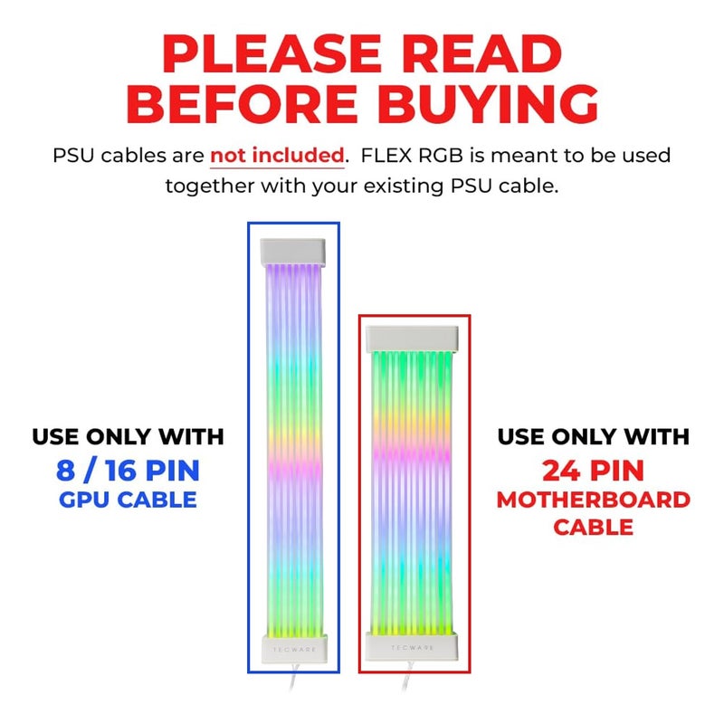 TECWARE Flex RGB Cable Cover Kit | Compatible with 24-Pin Motherboard and 8-Pin/16-Pin GPU | ARGB PSU Cable Extension with 5V 3-Pin Sync | RGB Lighting Kit for PC Cables | White - Image 2